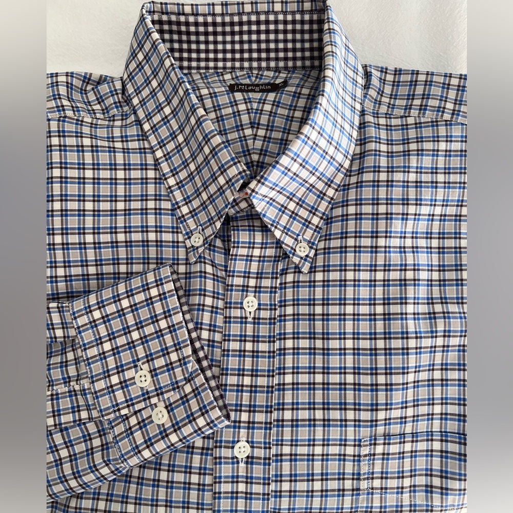 J. McLaughlin Men's Beige and Blue Checkered Shirt
